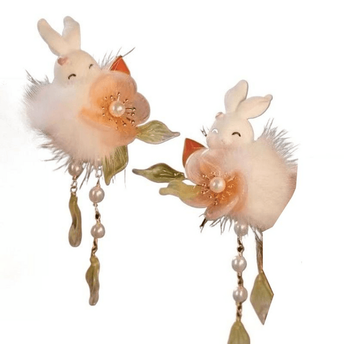 Ancient Style Cute Rabbit Pompom Orange Hairpin Peach Branch 6cm*1 Pair