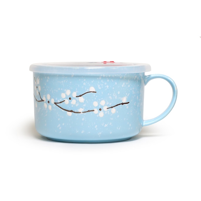 GINKGOHOME Microwavable Ceramic Noodle Bowl with Handle and Seal Sakura Snow Flake Floral Design - Ocean 24oz