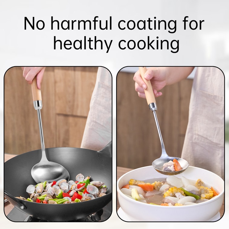 王源吉 ⭐省心套組 不易銹⭐【不銹鋼鍋勺+鍋鏟 2件套】 不銹鋼鍋鏟 炒菜勺 長柄鏟勺廚具鍋鏟套裝 304不銹鋼 3