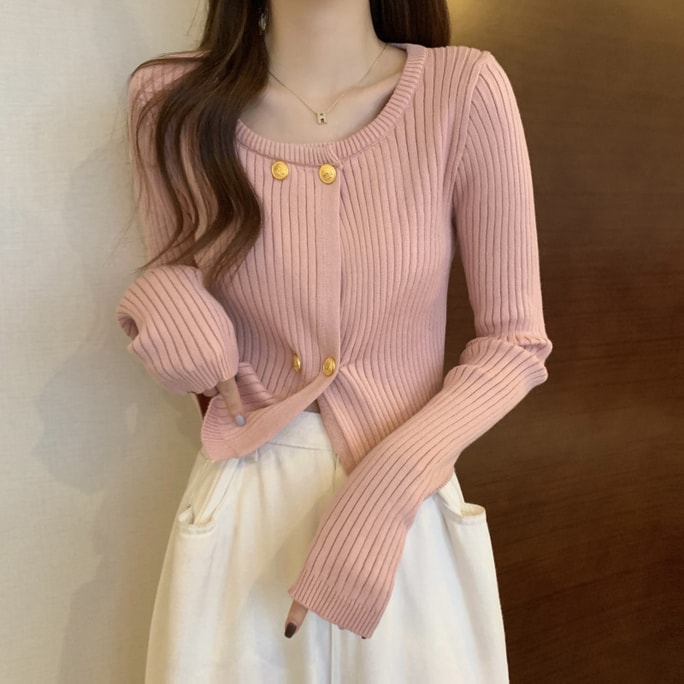 Vintage Square Neck Autumn/Winter Knitted Cardigan Pink