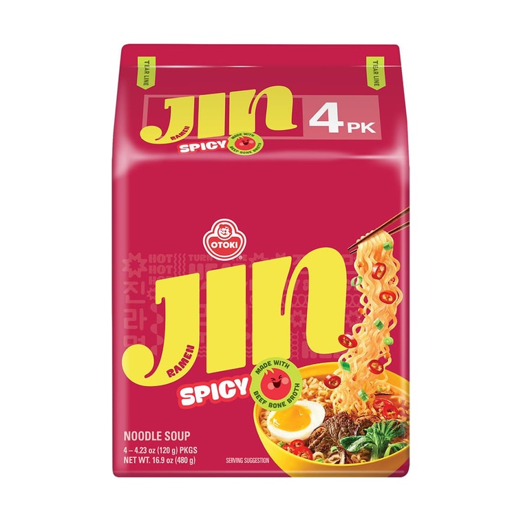 Spicy Jin Ramen - Korean Style Instant Noodles, Rich and Savory Beef Broth , 4 Pack 16.9 oz  3