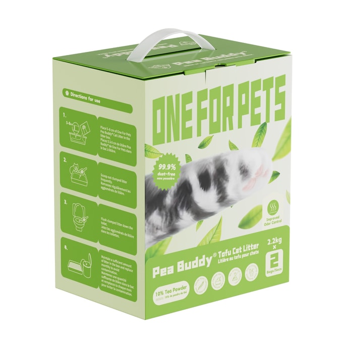 [북미 직배송] One for Pets Pea Buddy 천연 완두콩 두부 고양이 모래, 차잎 10%, 4.4kg (2.2kg x 2개) [최고급 고양이 모래] [새롭게 업그레이드된 천연 냄새 제거]