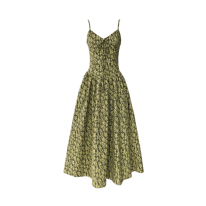 New Sweet Vacation Style Waist Cinching Suspender Dress Flower Green M