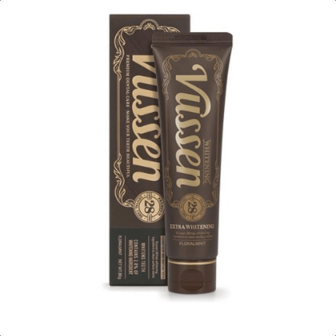 【韓国直送】Vussen 28 ホワイトニング歯磨き粉 フローラルミント風味 80g。泡立ちが少なく、マイルドで辛くない味わいで、歯を深く洗浄し、白く輝く歯に導く、韓国で人気の歯磨き粉です。