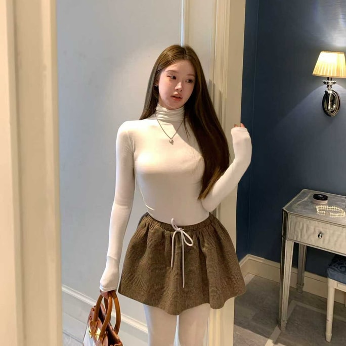 [캐나다 직배송] SCENARIO 울 혼방 드로스트링 플리츠 미디 스커트, 사이즈 S-M, 브라운, 라이트 브라운, M