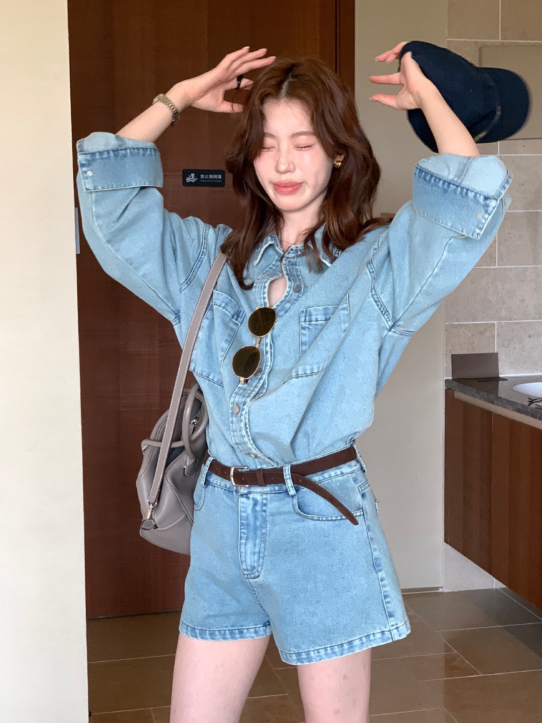 【加拿大直邮】 加拿大 SCENARIO 复古水洗牛仔 衬衫+短裤 2件套装 S-M码 蓝色 蓝色 M