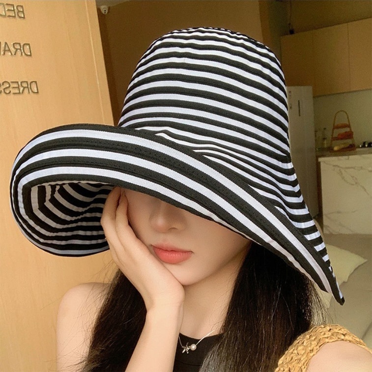 【中国直邮】 HSPM 户外防紫外线遮脸渔夫帽条纹大帽檐遮阳帽 灰米条纹F 1个 6