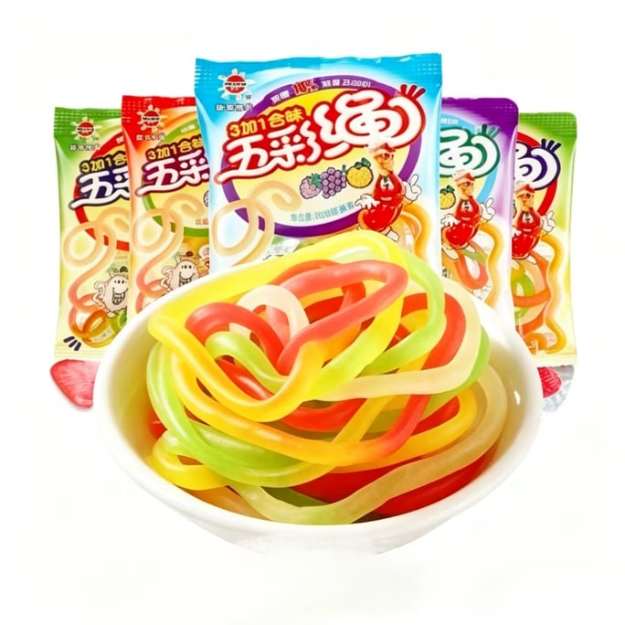 優卡 五彩繩水果軟糖麵條糖彩虹糖混合口味跳繩糖童年校園懷舊零食12g*5包