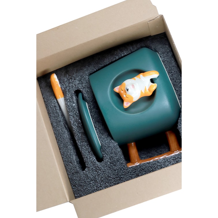 GINKGOHOME Cute Dog Ceramic Mug Wood Handle Design With Spoon And Lid - Green 16oz 6