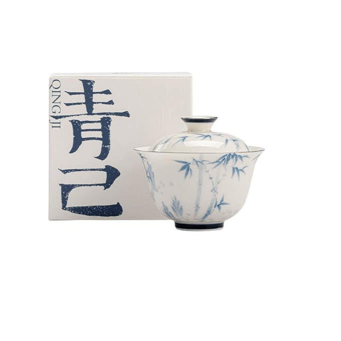 【中國直郵】 一品仟堂 青己玉瓷手繪陶瓷蓋碗家用茶碗泡茶茶杯 斑竹枝 8.6*7.3cm