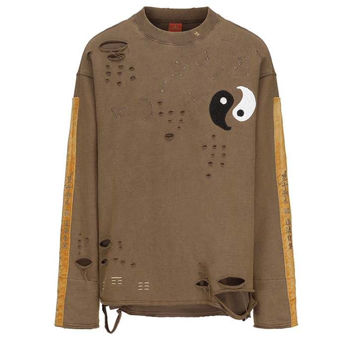 Chinese Style Loose Tai Chi Embroidery Ripped Long Sleeve Hoodie For Men WomenSmall