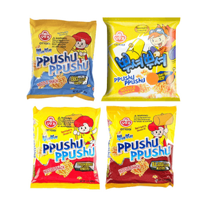 푸슈푸슈 크러쉬 투 잇 누들 스낵, 치킨+바비큐+매운 떡+구운 소고기 맛, 3.17oz * 4【4개입 콤보 팩】