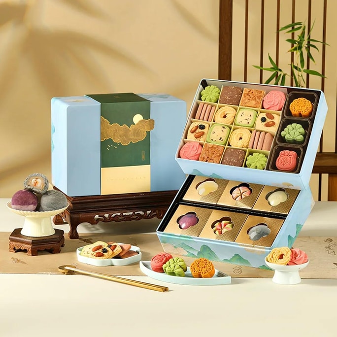 皇家尚食局x西安博物院联名 唐韵华彩糕点礼盒 曲奇荷花酥流心酥 748g【可可味+紫薯味+蓝莓巴旦木味+抹茶蔓越莓味+玫瑰味+萌托斯+椰丝味+青柠味+陨石奶黄味+紫晶酥+蛋黄乳酪酥+福气满袋+岁岁常青+万事如意+蓝莓芝士味】【春节年货必买】