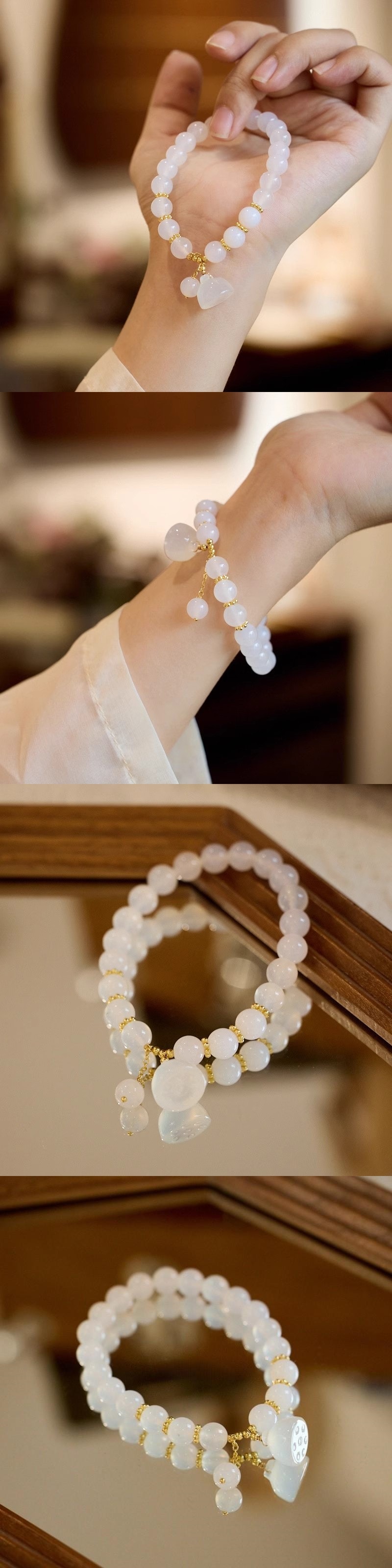 【心境澄明】純白玉髓手鍊 白茶清歡國風首飾 8mm 禪意蓮花珠手串 平安納福精緻手飾