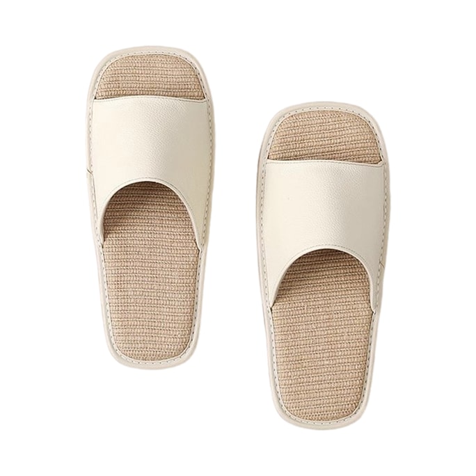 [Expédition directe depuis la Chine] HSPM Chaussures d'intérieur en cuir véritable, blanc 39-40, 1 paire, sensation de luxe, respirantes, absorbant la transpiration, semelle souple antidérapante, pantoufles en lin