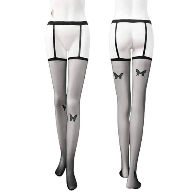 Butterfly Jacquard Waist Suspender One Piece Stockings Erotic Lingerie Sexy Black Translucent