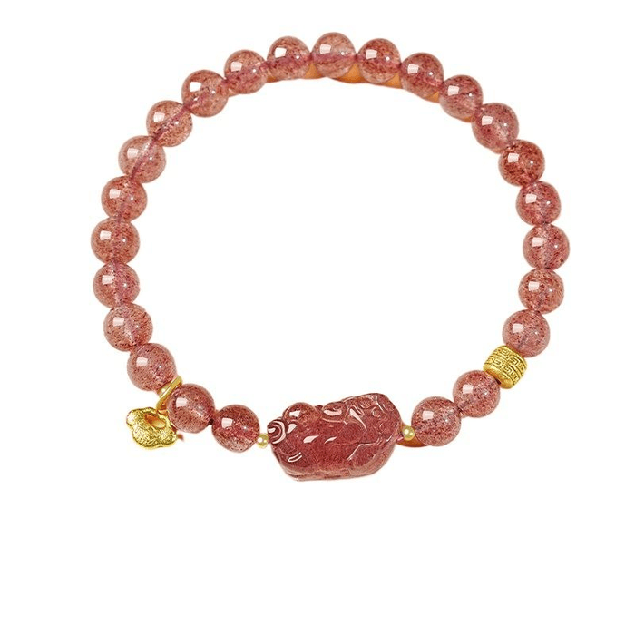 【中国直邮】 艾裕 宫里上新 天然粉水晶貔貅手链草莓晶手串旺财运招桃花 纳财天禄 6mm