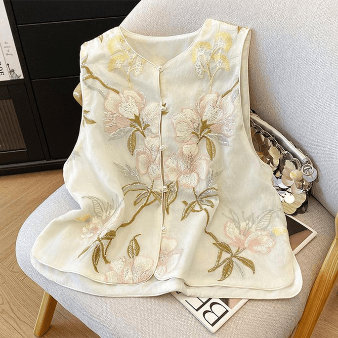 【中國直郵】 ASIS 風刺繡盤扣輕薄馬甲背心外套 XL