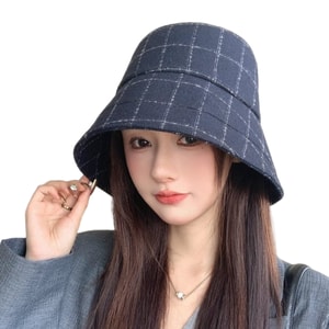 Plaid Bucket Hat Navy Blue F 1 Piece Women's Fashion Casual Outdoor Travel Bow Face Slimming Hat