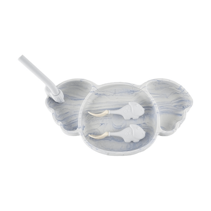 BC BABYCARE Baby 3-in-1 Silicone Dinnerware Set, Including Spoon, Fork and Straw, Blue