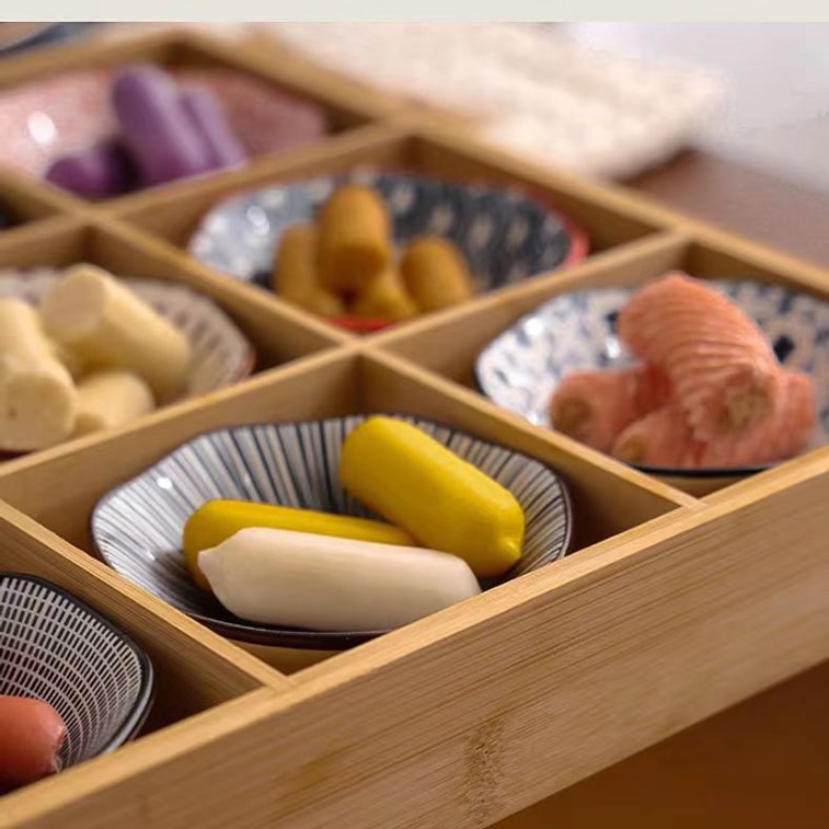 慢時光 竹木火鍋拼盤 九宮格托盤 火鍋格子 網紅火鍋店創意竹製蔬菜肉烤肉配菜盤子 圍爐煮茶托盤 乾果盤 水果點心收納盒 糖果瓜子零食擺放茶點盤 日料 日式調味料碟 【九宮格帶9個小碟子】 5