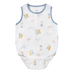 加拿大 Nest Designs 婴儿无袖纽扣连体衣(竹纤维) - 柔和波浪 6-12个月