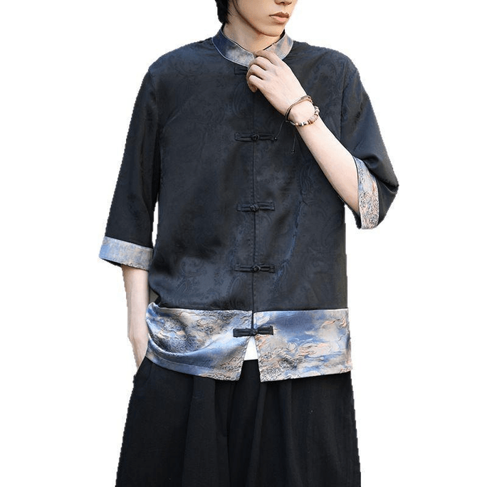 Chinese Style Silk Color Block Knot Button Half Sleeve Tang Suit Hanfu 4XL