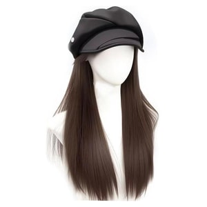 Hat Wig Integrated Design Womens Realistic Hair Fashion Beret with Detachable Straight Hair Piece Cool Brown Long Straight Hair Including One Wig Cap