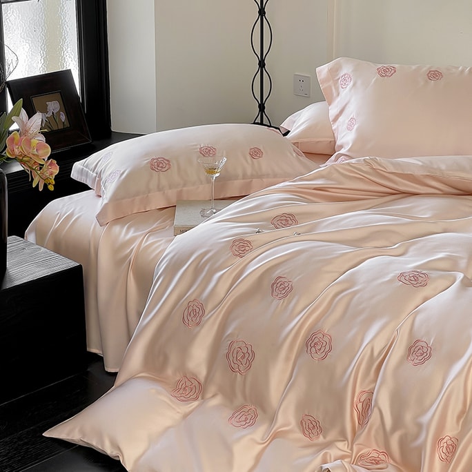 Camellia Satin Bedding Set Pink Camellia Queen Size