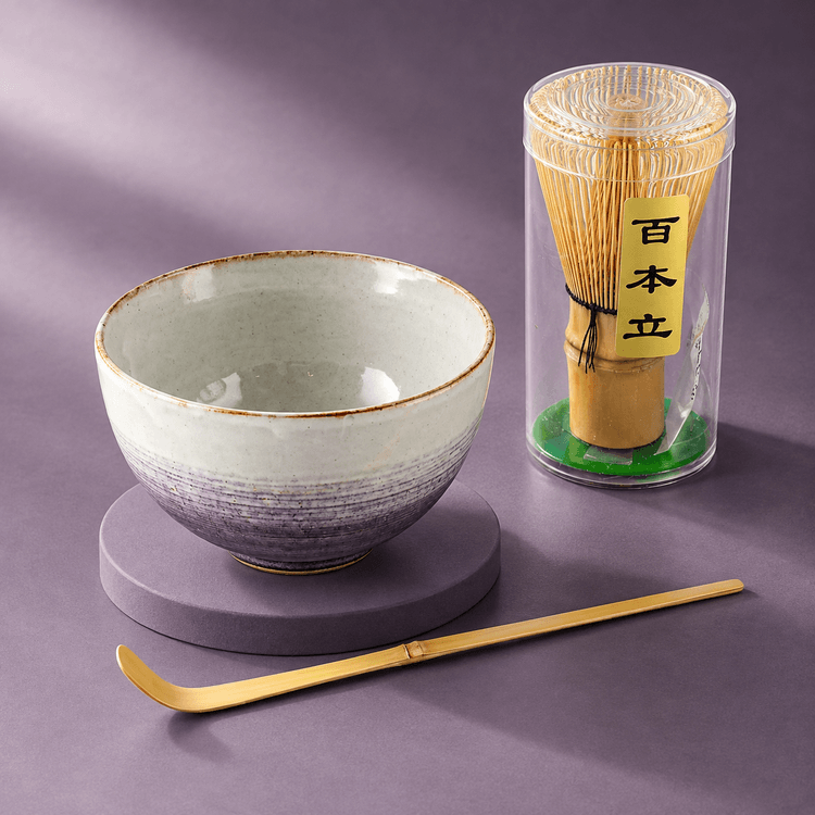 日本藍花抹茶三件套抹茶碗茶筅茶勺茶立礼盒装裾浓・藤色紫藤色- 亚米