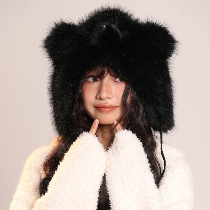 Cute Personality Showing Face Small Furry Fur Lei Feng Hat Black F