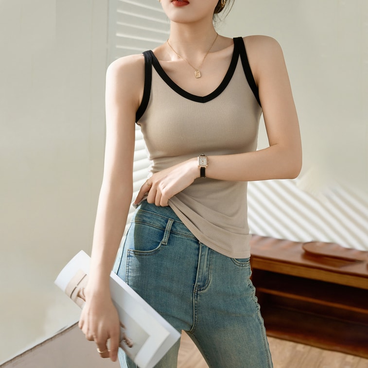 【Livraison directe depuis la Chine】 Haut court à col en V HSPM couleur avoine avec noir Taille M 1 pièce Design haut de gamme bicolore à porter seul ou en superposition 5