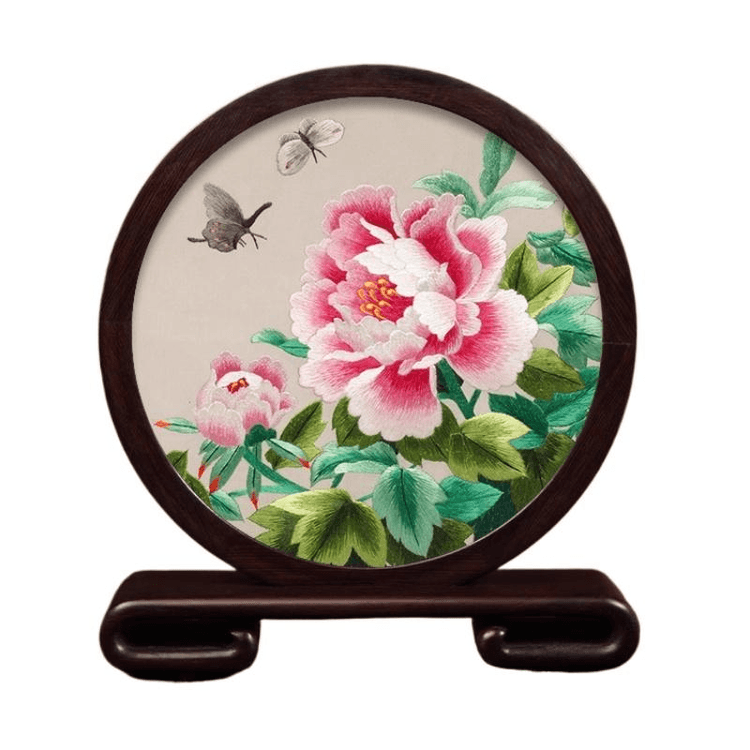 中国直送】蘇州刺繍 ハンドメイドシルク刺繍 牡丹飾り 21.5×24×4.5cm