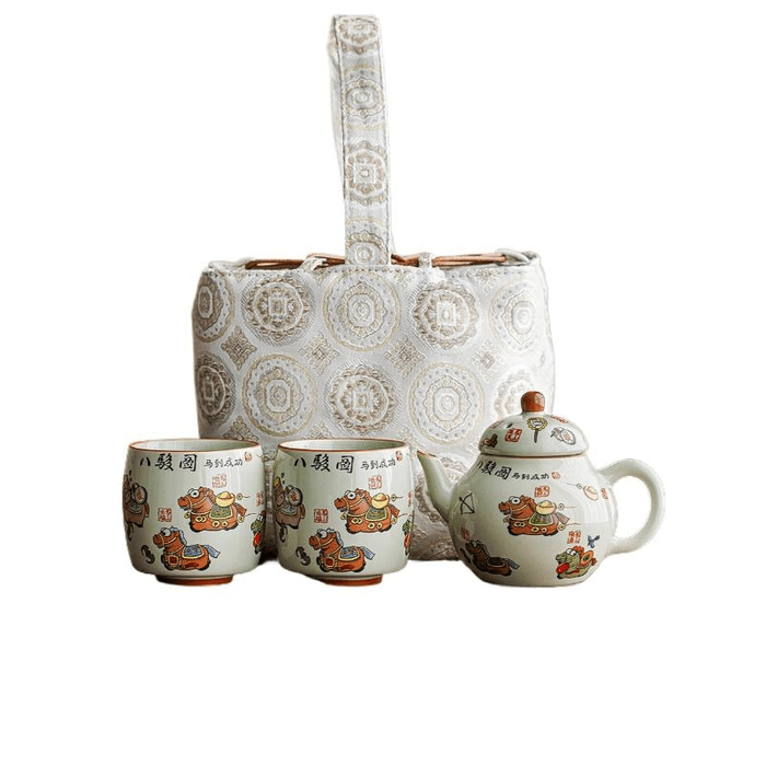 【中国直邮】 一品仟堂 八骏图陶瓷茶壶旅行茶具套装 一壶二杯如意壶 单杯120毫升