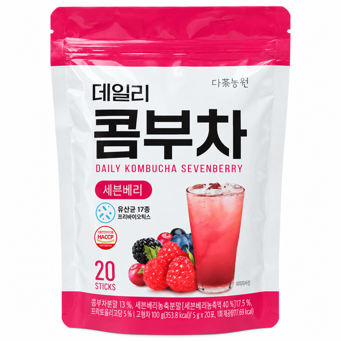 데일리 콤부차 세븐베리, 20 스틱, 각 5g/0.18 Oz. 17종 유산균 & 프리바이오틱스 함유 베리 콤부차 드링크 믹스, 저칼로리 인스턴트 발효차