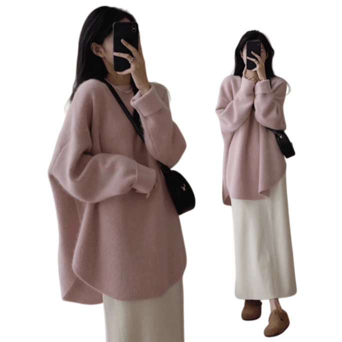 Loose Fit Medium-Length Knit Sweater with Round Neck and Split Hem, Pink, One Size