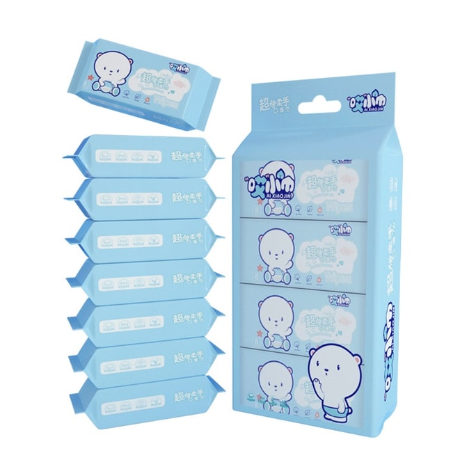 Ultra-Compact Wet Wipes Dispenser for Hand & Mouth Cleaning 8 Wipes x 8 Packs Blue Bear Design Pure Water Formula for Moisturizing & Nourishing Baby-Safe & Fluorescent-Free Compact Packaging for Easy