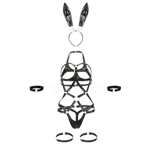 BDSM Sexy Patent Leather One Piece Buckle Bunny Set Leash Hanging Neck Rivet Ring With Hollow Out