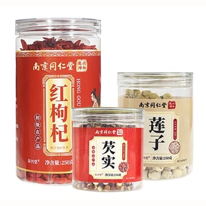 난징 통런탕 [초저가 영양 건식 식재료] 조청 붉은 껍질 고르곤 열매, 향단 연자, 닝샤 중닝 구기자 - 건강과 영양을 위한 삼박자 세트 (750g) 습기를 제거하고 마음을 안정시키며 건강한 안색을 증진하는 전통적인 삼박자 건강 관리 세트입니다. [계절별 데일리 섭취: 통곡물로 비장과 신장을 강화]