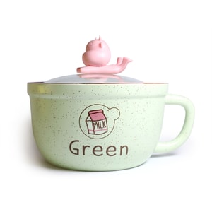 GINKGOHOME Microwavable Ceramic Noodle Bowl with Handle and Glass Lid Cute Cartoon - Olive 24oz