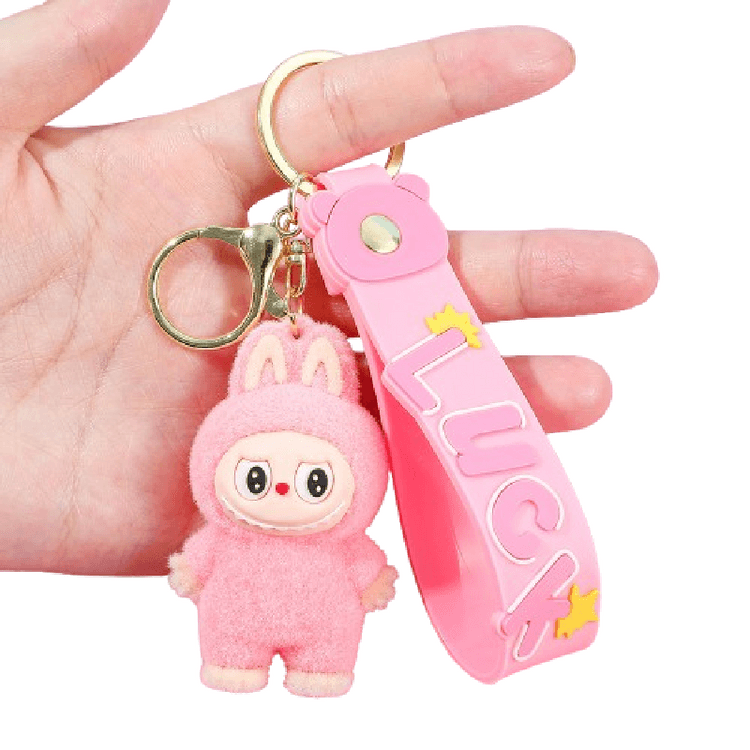 Flocking labubu key chain figurine pendant LabuBU doll figurine