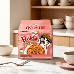 韩国SAMYANG三养 BULDAK 辣鸡肉拌面火鸡面 玫瑰奶油培根味 5连包 700g【奶味香甜融合辣味酱汁】