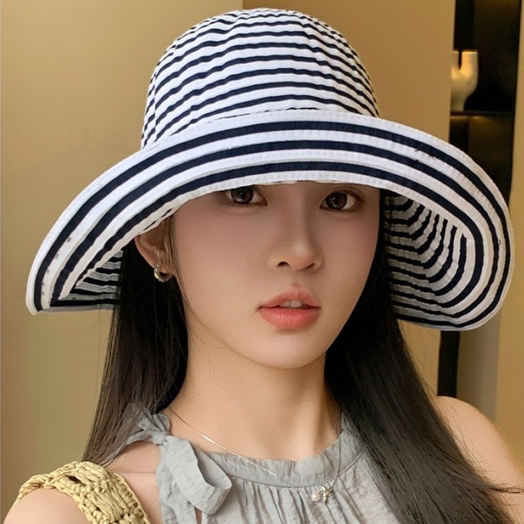 【中国直邮】 HSPM 户外防紫外线遮脸渔夫帽条纹大帽檐遮阳帽 灰米条纹F 1个 5