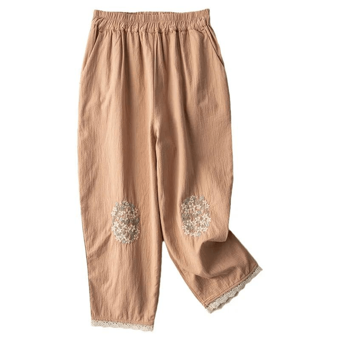Chinese Style Cotton and Linen Embroidered Vintage Harem Cropped Casual Pants Khaki M
