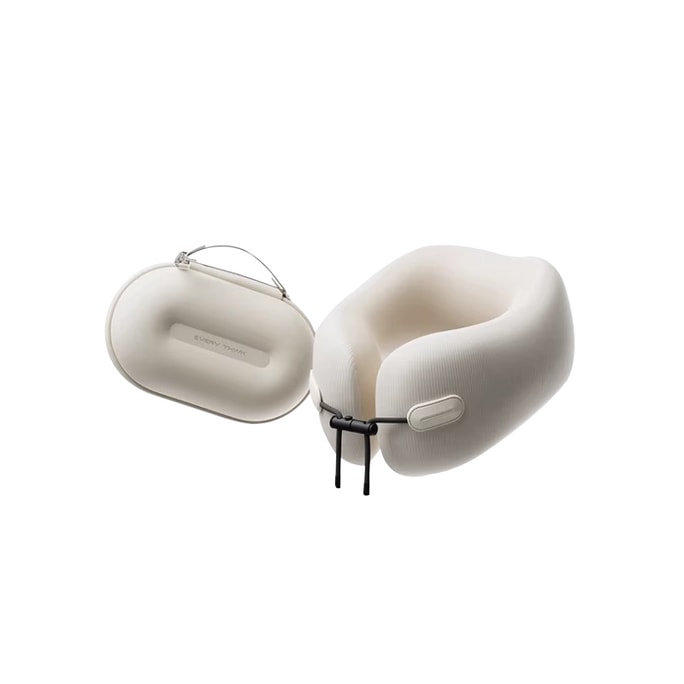 Travel U-Pillow (White). Foldable, 360° neck support. Memory foam, breathable, washable cover. For train, plane, office naps.