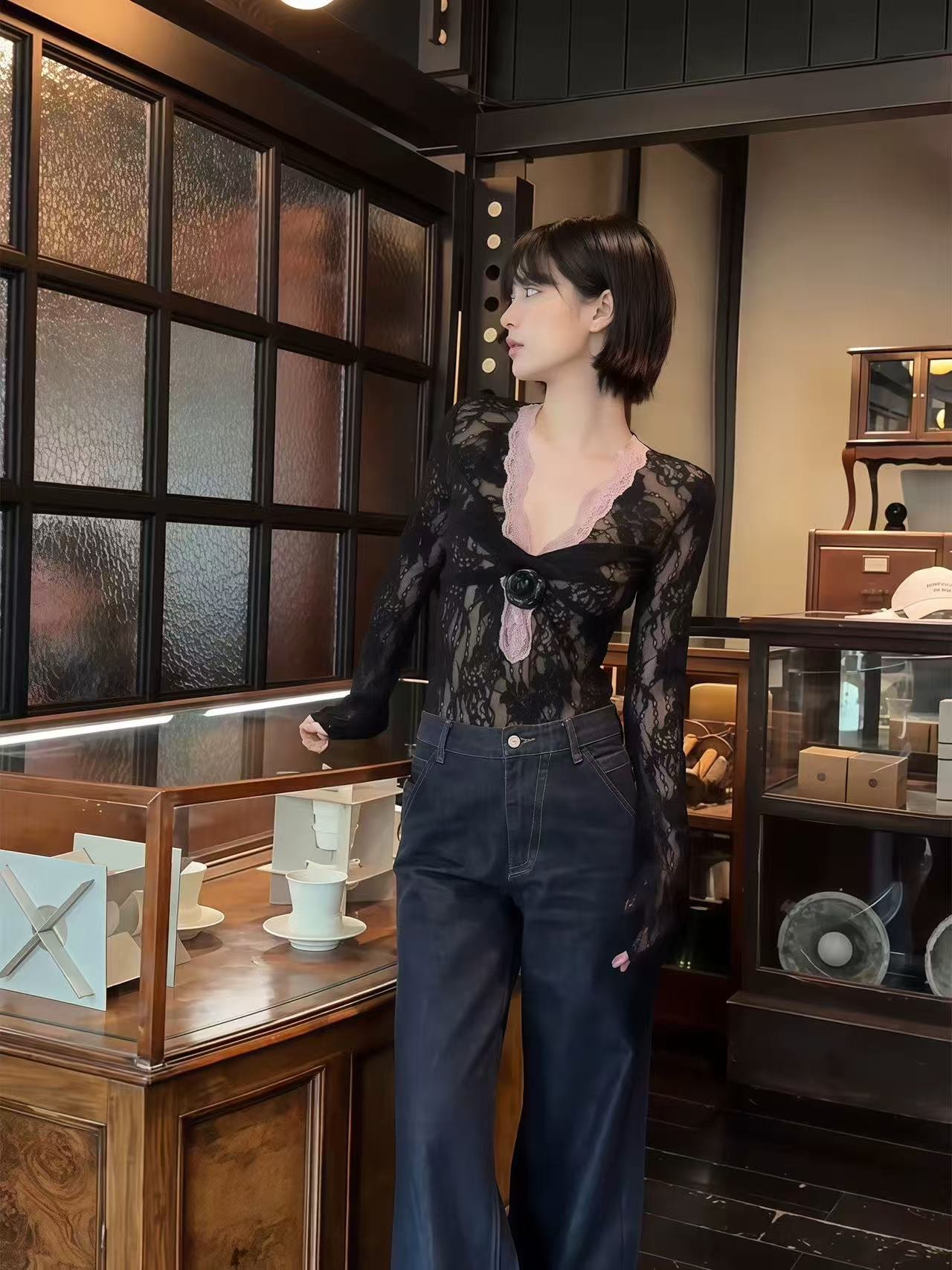 【加拿大直郵】 加拿大 SCENARIO 暗夜玫瑰蕾絲上衣 黑色 S-L碼 黑色 S