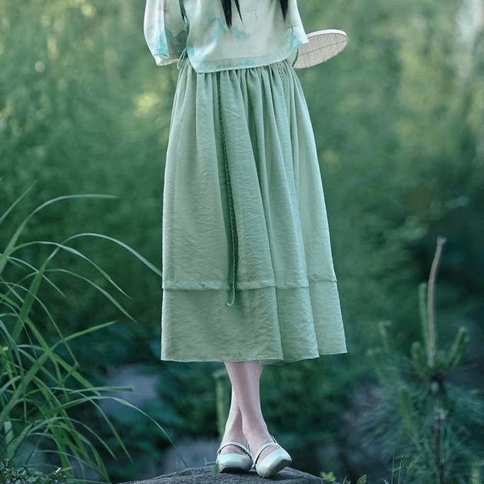 Chinese Style Women's Solid Color Casual Skirt with Tie Onesize