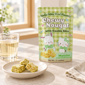 Sanrio Hello Kitty and Friends Chewy Nougat With Cookie Bites, Matcha Flavor, 2.1 oz【Hello Kitty & Pochacco】