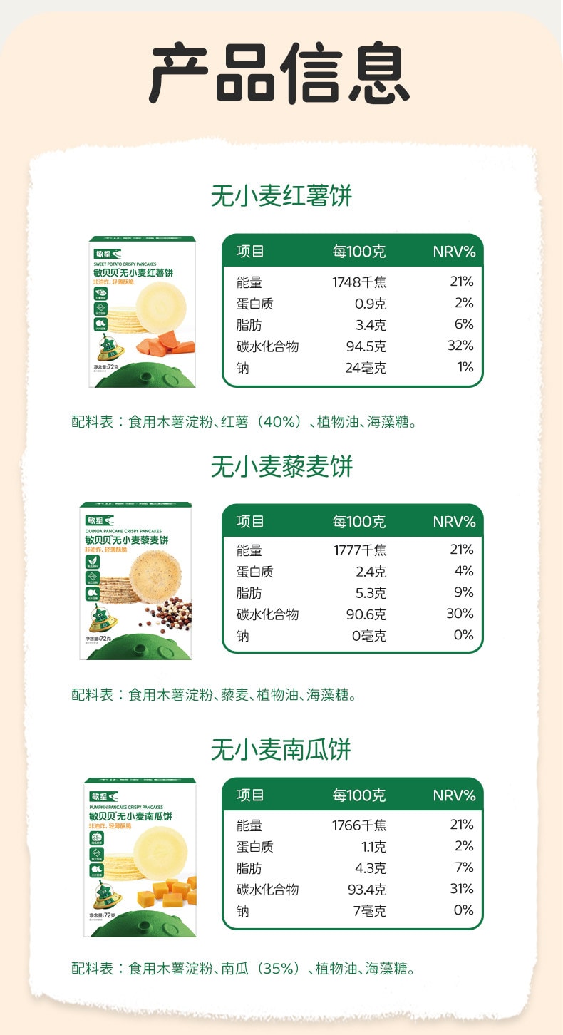 【中国直邮】 敏星 藜麦谷物风吹饼  无小麦藜麦饼 麸质零食不添加蛋奶72g/盒