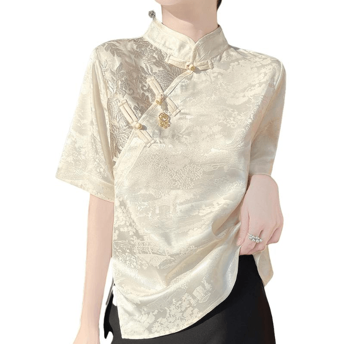 Chinese Style Silk Retro Button Embroidered Stand Collar Short Sleeve T Shirt Beige M